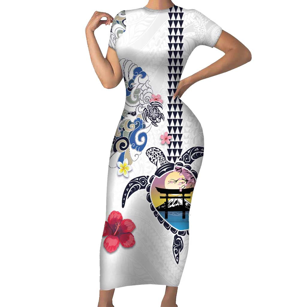 Hawaiian and Japanese Together Short Sleeve Bodycon Dress Japanese Culture and Turtle Kakau Tattoo White Color LT03 Long Dress White - Polynesian Pride