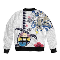 Hawaiian and Japanese Together Sleeve Zip Bomber Jacket Japanese Culture and Turtle Kakau Tattoo White Color LT03 - Polynesian Pride