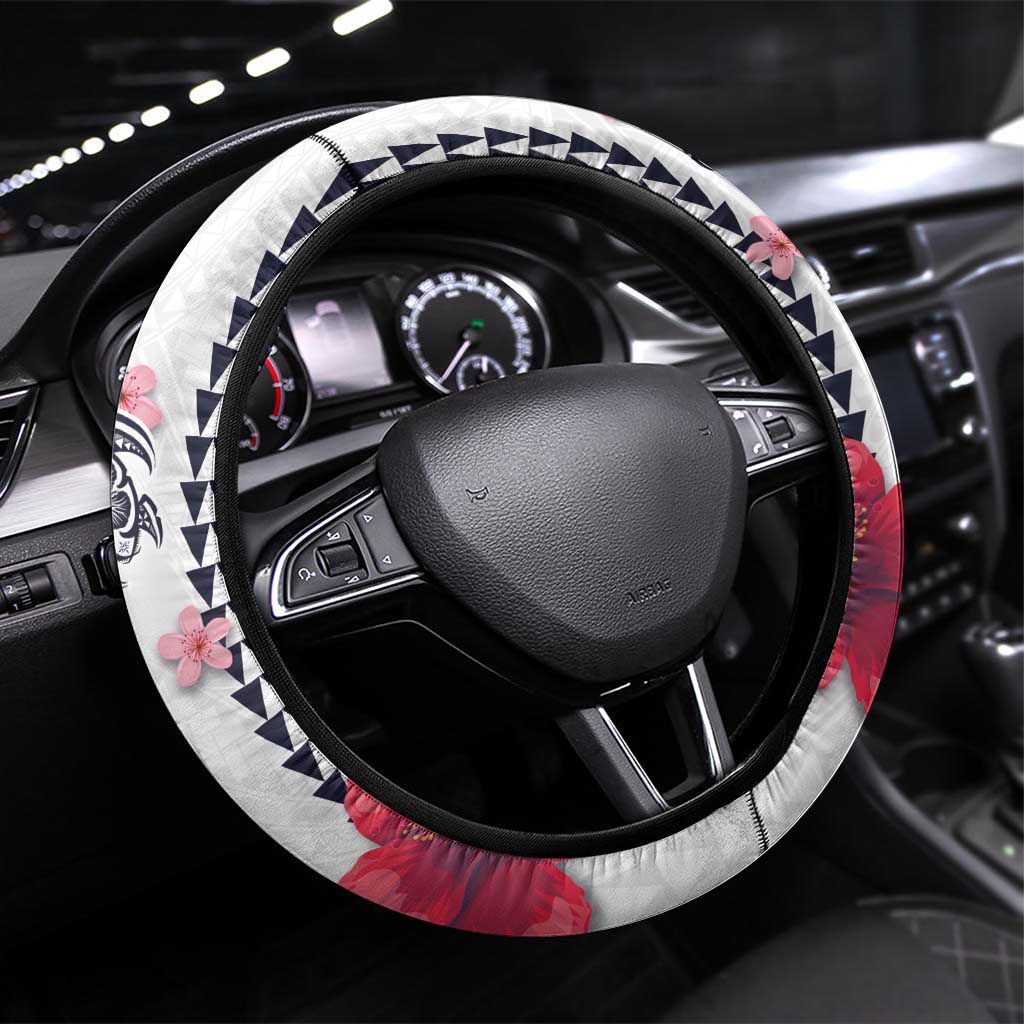 Hawaiian and Japanese Together Steering Wheel Cover Japanese Culture and Turtle Kakau Tattoo White Color LT03 Universal Fit White - Polynesian Pride
