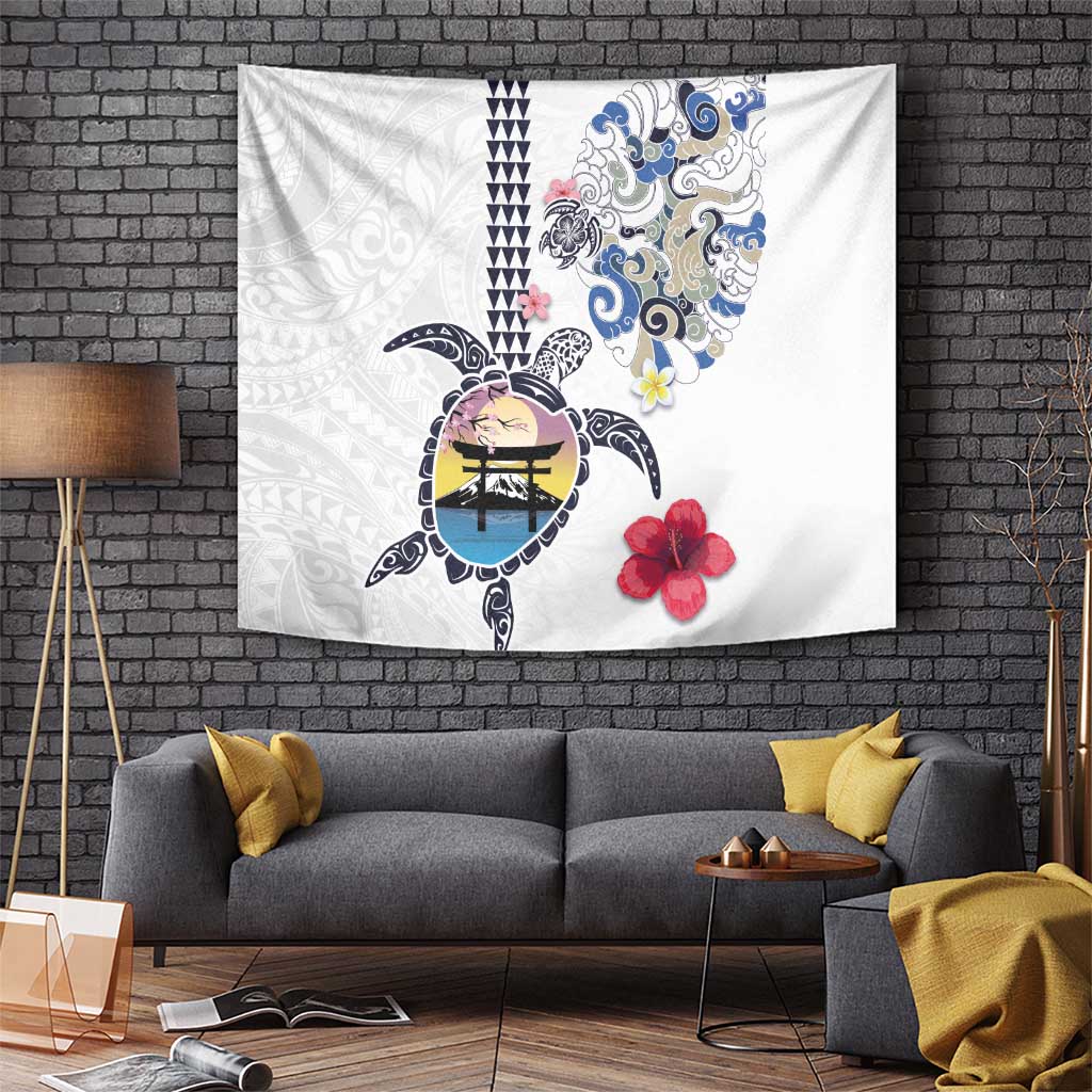 Hawaiian and Japanese Together Tapestry Japanese Culture and Turtle Kakau Tattoo White Color LT03 - Polynesian Pride