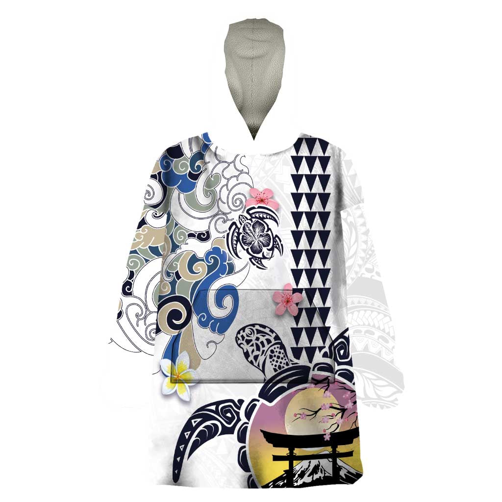Hawaiian and Japanese Together Wearable Blanket Hoodie Japanese Culture and Turtle Kakau Tattoo White Color LT03 One Size White - Polynesian Pride