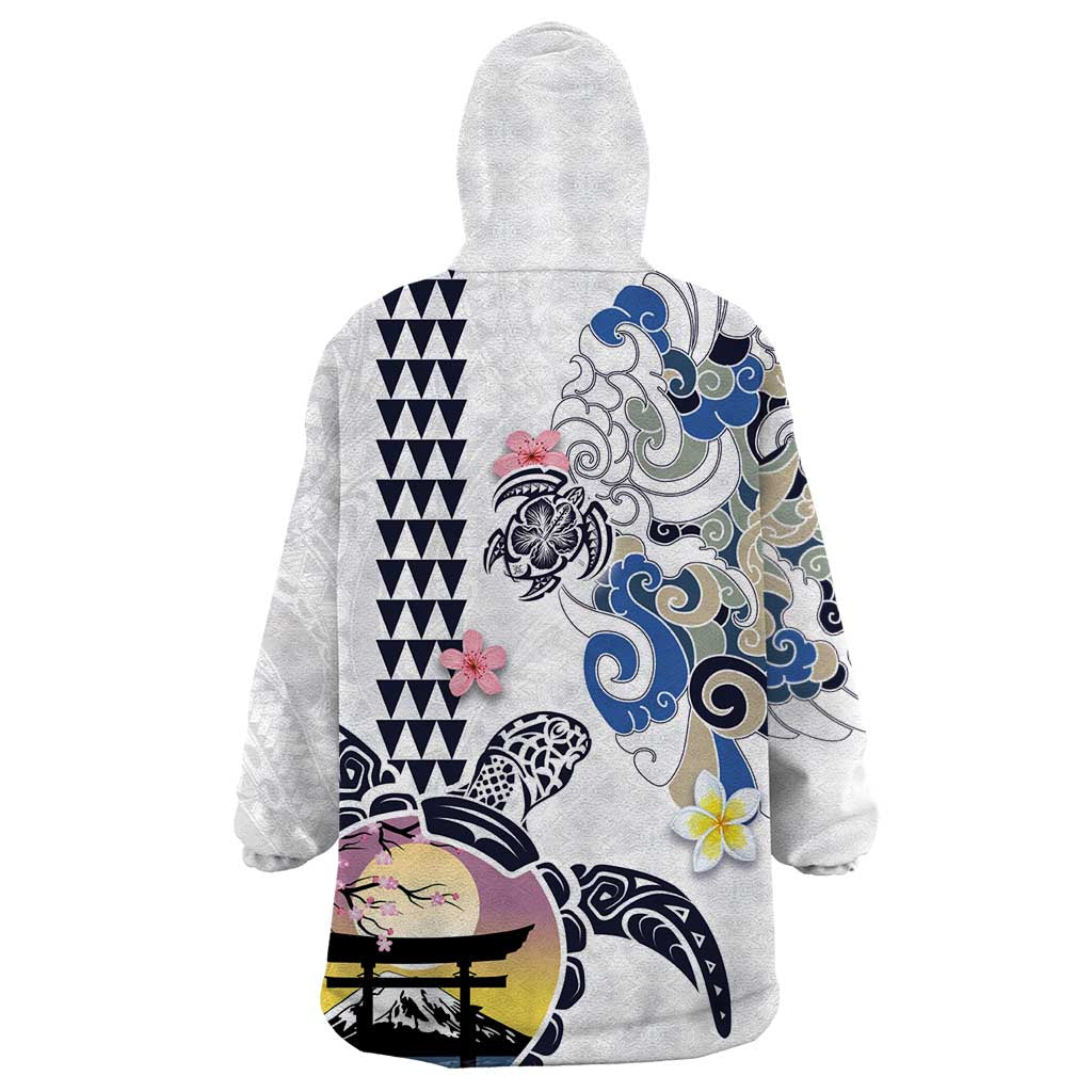 Hawaiian and Japanese Together Wearable Blanket Hoodie Japanese Culture and Turtle Kakau Tattoo White Color LT03 - Polynesian Pride