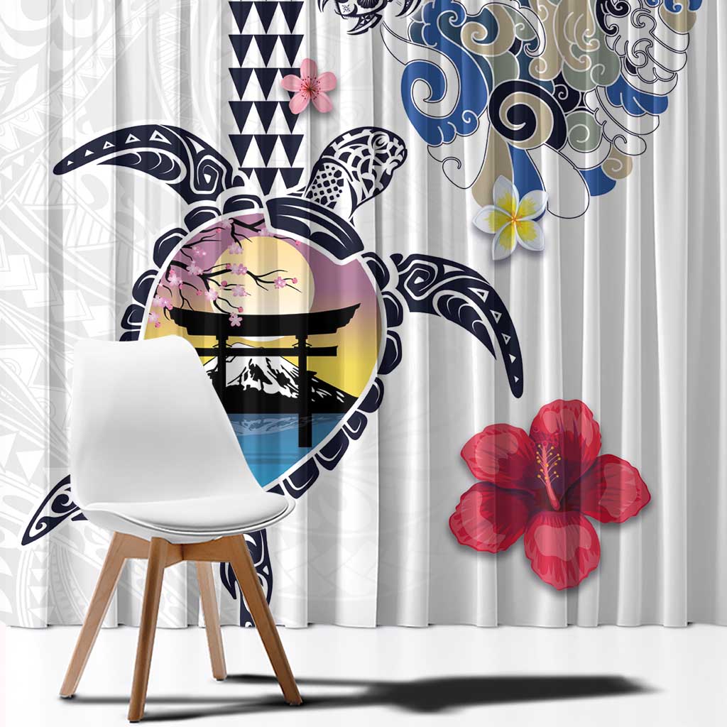 Hawaiian and Japanese Together Window Curtain Japanese Culture and Turtle Kakau Tattoo White Color LT03 - Polynesian Pride
