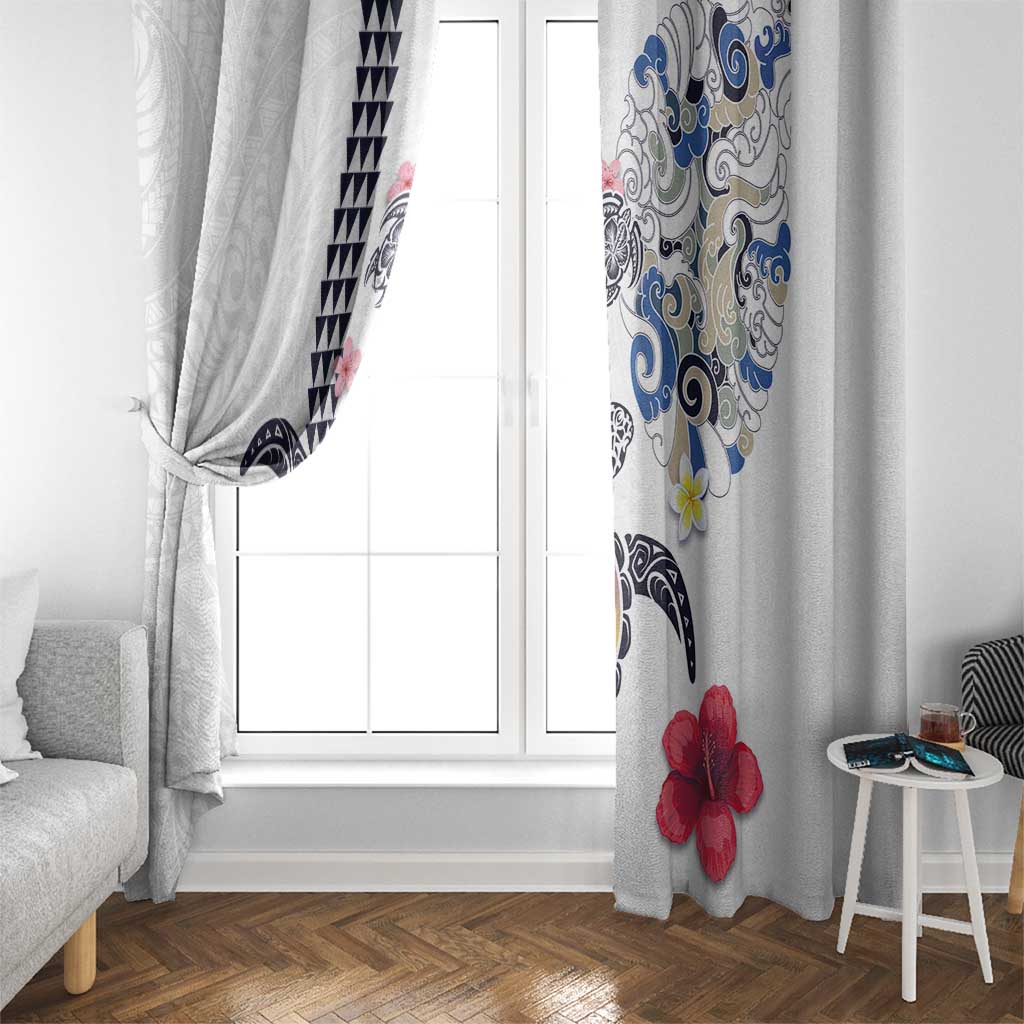 Hawaiian and Japanese Together Window Curtain Japanese Culture and Turtle Kakau Tattoo White Color LT03 - Polynesian Pride