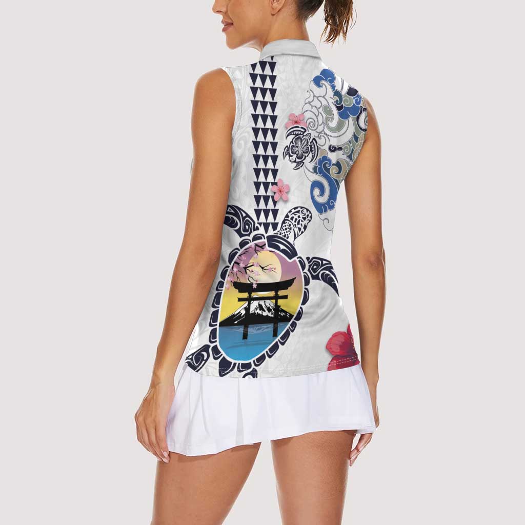 Hawaiian and Japanese Together Women Sleeveless Polo Shirt Japanese Culture and Turtle Kakau Tattoo White Color LT03 - Polynesian Pride