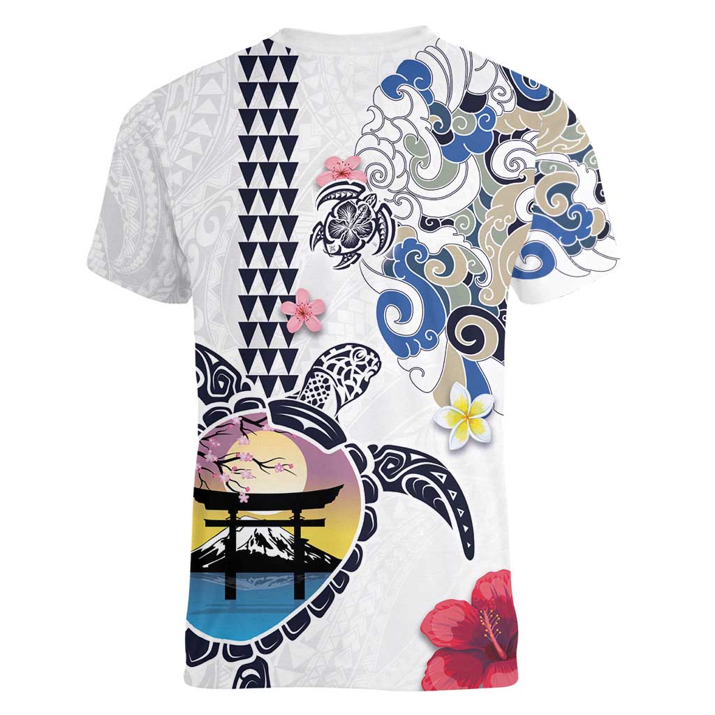 Hawaiian and Japanese Together Women V-Neck T-Shirt Japanese Culture and Turtle Kakau Tattoo White Color LT03 - Polynesian Pride