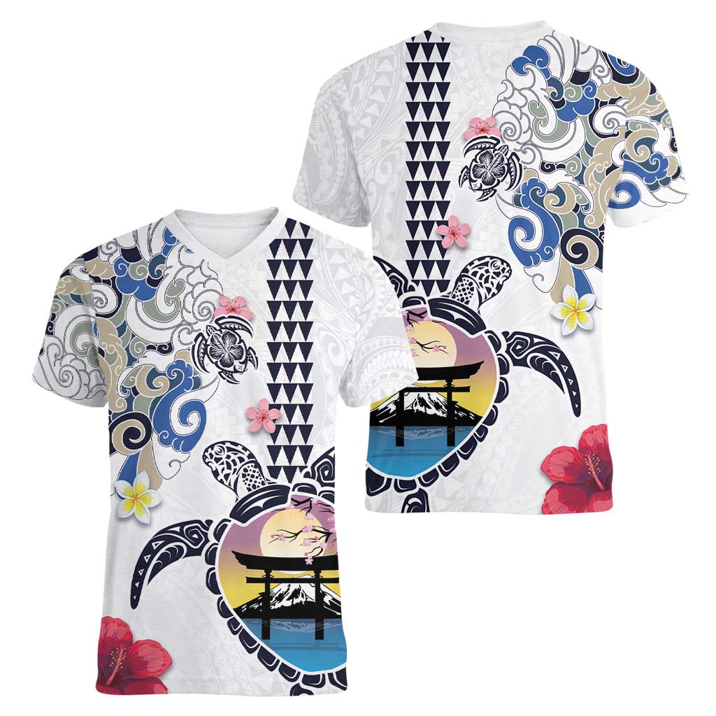 Hawaiian and Japanese Together Women V-Neck T-Shirt Japanese Culture and Turtle Kakau Tattoo White Color LT03 - Polynesian Pride