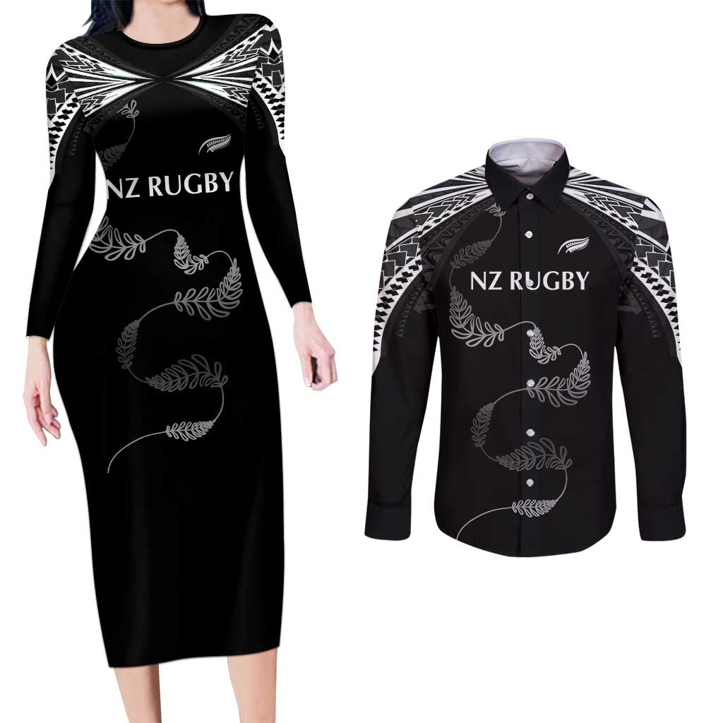 New Zealand Rugby Custom Couples Matching Long Sleeve Bodycon Dress and Long Sleeve Button Shirt Aotearoa Armour Blacks Silver Ferns LT03 Black - Polynesian Pride