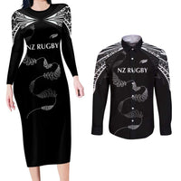 New Zealand Rugby Custom Couples Matching Long Sleeve Bodycon Dress and Long Sleeve Button Shirt Aotearoa Armour Blacks Silver Ferns LT03 Black - Polynesian Pride