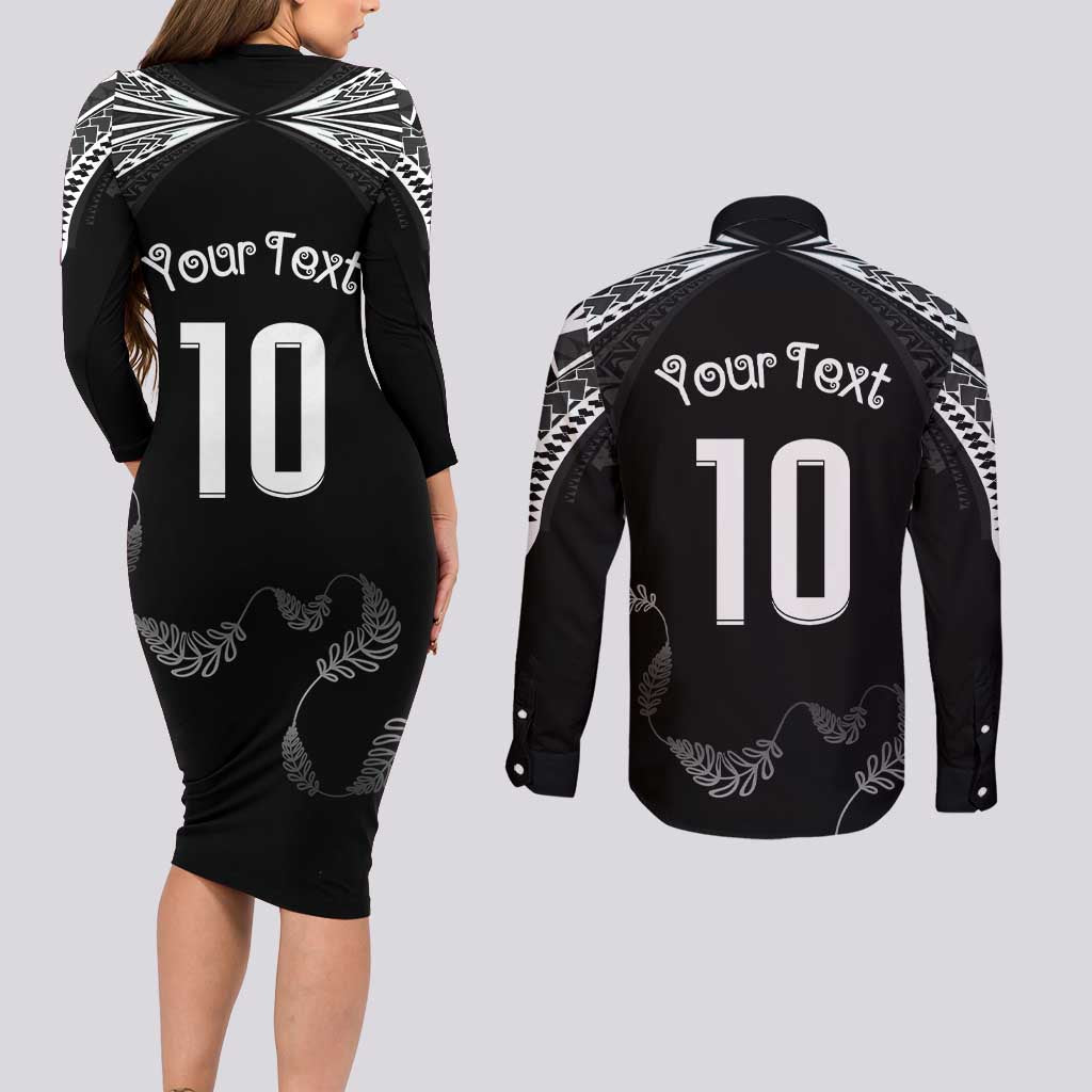 New Zealand Rugby Custom Couples Matching Long Sleeve Bodycon Dress and Long Sleeve Button Shirt Aotearoa Armour Blacks Silver Ferns LT03 - Polynesian Pride