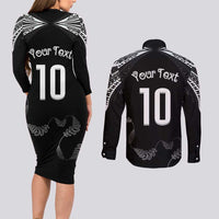 New Zealand Rugby Custom Couples Matching Long Sleeve Bodycon Dress and Long Sleeve Button Shirt Aotearoa Armour Blacks Silver Ferns LT03 - Polynesian Pride