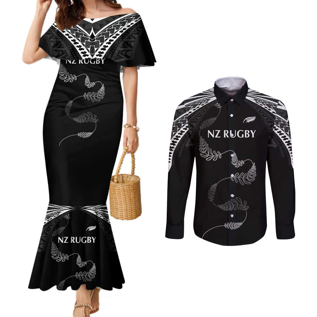 New Zealand Rugby Custom Couples Matching Mermaid Dress and Long Sleeve Button Shirt Aotearoa Armour Blacks Silver Ferns LT03 Black - Polynesian Pride