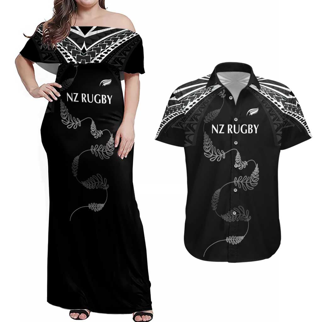 New Zealand Rugby Custom Couples Matching Off Shoulder Maxi Dress and Hawaiian Shirt Aotearoa Armour Blacks Silver Ferns - Polynesian Pride