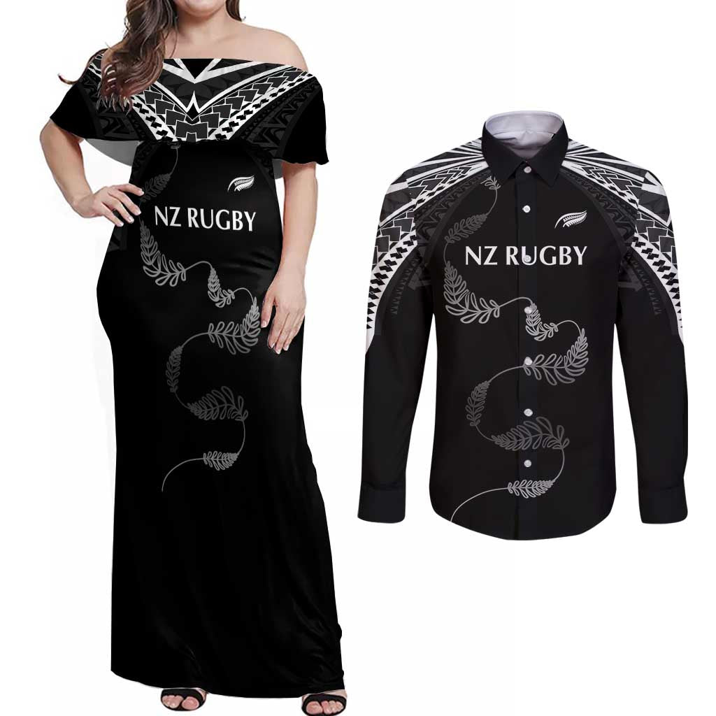 New Zealand Rugby Custom Couples Matching Off Shoulder Maxi Dress and Long Sleeve Button Shirt Aotearoa Armour Blacks Silver Ferns LT03 Black - Polynesian Pride
