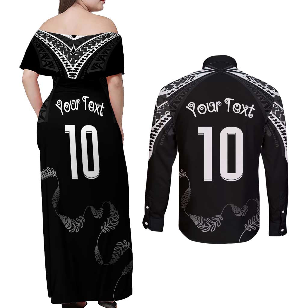 New Zealand Rugby Custom Couples Matching Off Shoulder Maxi Dress and Long Sleeve Button Shirt Aotearoa Armour Blacks Silver Ferns LT03 - Polynesian Pride