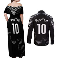 New Zealand Rugby Custom Couples Matching Off Shoulder Maxi Dress and Long Sleeve Button Shirt Aotearoa Armour Blacks Silver Ferns LT03 - Polynesian Pride