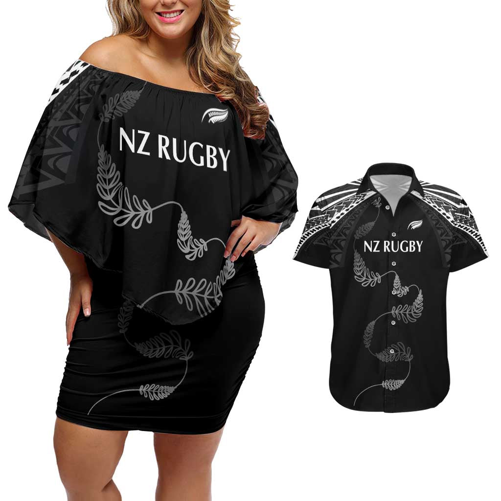 New Zealand Rugby Custom Couples Matching Off Shoulder Short Dress and Hawaiian Shirt Aotearoa Armour Blacks Silver Ferns LT03 Black - Polynesian Pride