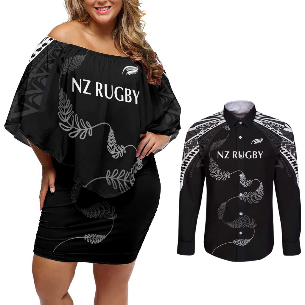 New Zealand Rugby Custom Couples Matching Off Shoulder Short Dress and Long Sleeve Button Shirt Aotearoa Armour Blacks Silver Ferns LT03 Black - Polynesian Pride