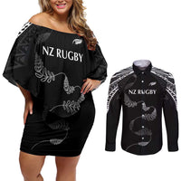 New Zealand Rugby Custom Couples Matching Off Shoulder Short Dress and Long Sleeve Button Shirt Aotearoa Armour Blacks Silver Ferns LT03 Black - Polynesian Pride