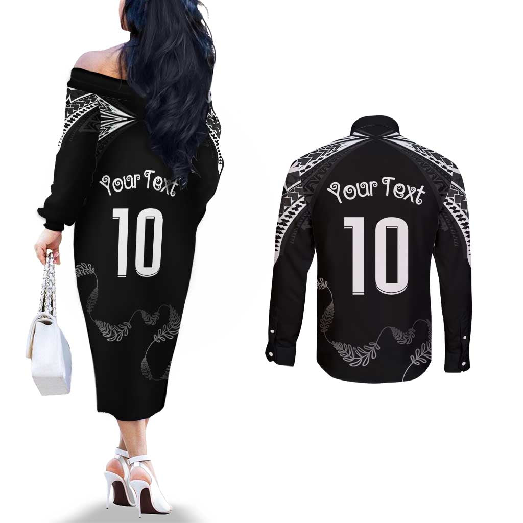 New Zealand Rugby Custom Couples Matching Off The Shoulder Long Sleeve Dress and Long Sleeve Button Shirt Aotearoa Armour Blacks Silver Ferns LT03 - Polynesian Pride