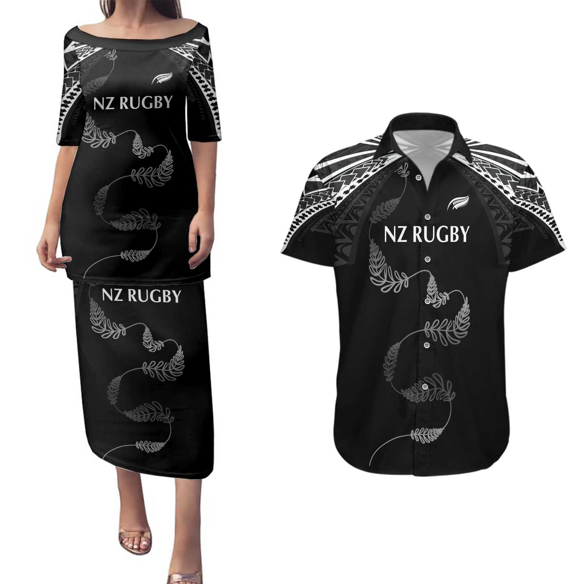 New Zealand Rugby Custom Couples Matching Puletasi and Hawaiian Shirt Aotearoa Armour Blacks Silver Ferns LT03 Black - Polynesian Pride