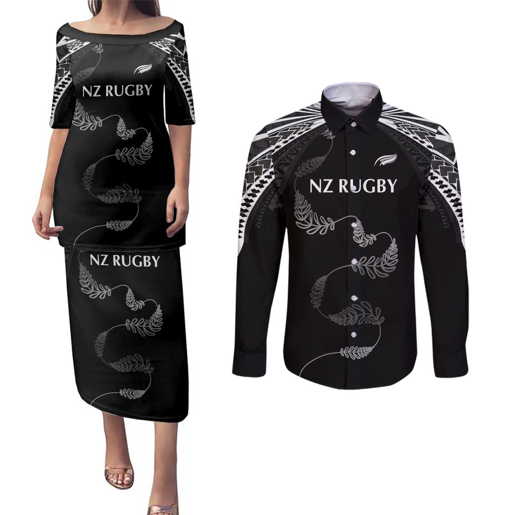 New Zealand Rugby Custom Couples Matching Puletasi and Long Sleeve Button Shirt Aotearoa Armour Blacks Silver Ferns LT03 Black - Polynesian Pride