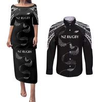 New Zealand Rugby Custom Couples Matching Puletasi and Long Sleeve Button Shirt Aotearoa Armour Blacks Silver Ferns LT03 Black - Polynesian Pride