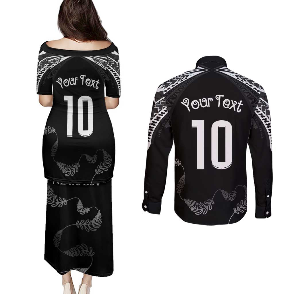 New Zealand Rugby Custom Couples Matching Puletasi and Long Sleeve Button Shirt Aotearoa Armour Blacks Silver Ferns LT03 - Polynesian Pride