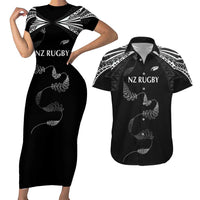 New Zealand Rugby Custom Couples Matching Short Sleeve Bodycon Dress and Hawaiian Shirt Aotearoa Armour Blacks Silver Ferns LT03 Black - Polynesian Pride