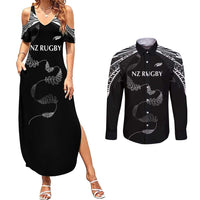 New Zealand Rugby Custom Couples Matching Summer Maxi Dress and Long Sleeve Button Shirt Aotearoa Armour Blacks Silver Ferns LT03 Black - Polynesian Pride