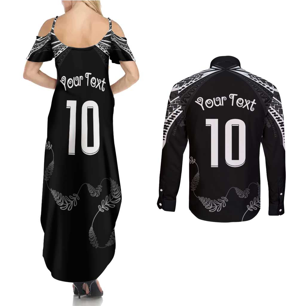 New Zealand Rugby Custom Couples Matching Summer Maxi Dress and Long Sleeve Button Shirt Aotearoa Armour Blacks Silver Ferns LT03 - Polynesian Pride