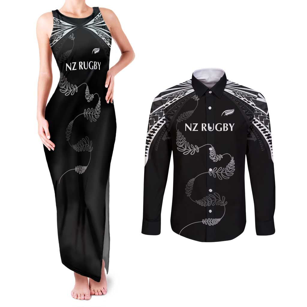 New Zealand Rugby Custom Couples Matching Tank Maxi Dress and Long Sleeve Button Shirt Aotearoa Armour Blacks Silver Ferns LT03 Black - Polynesian Pride