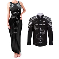 New Zealand Rugby Custom Couples Matching Tank Maxi Dress and Long Sleeve Button Shirt Aotearoa Armour Blacks Silver Ferns LT03 Black - Polynesian Pride