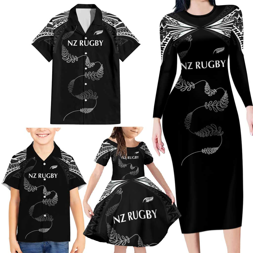 New Zealand Rugby Custom Family Matching Long Sleeve Bodycon Dress and Hawaiian Shirt Aotearoa Armour Blacks Silver Ferns LT03 - Polynesian Pride
