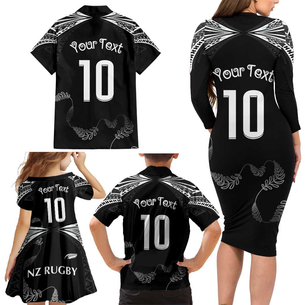 New Zealand Rugby Custom Family Matching Long Sleeve Bodycon Dress and Hawaiian Shirt Aotearoa Armour Blacks Silver Ferns LT03 - Polynesian Pride