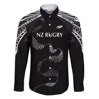 New Zealand Rugby Custom Family Matching Mermaid Dress and Hawaiian Shirt Aotearoa Armour Blacks Silver Ferns LT03 Dad's Shirt - Long Sleeve Black - Polynesian Pride