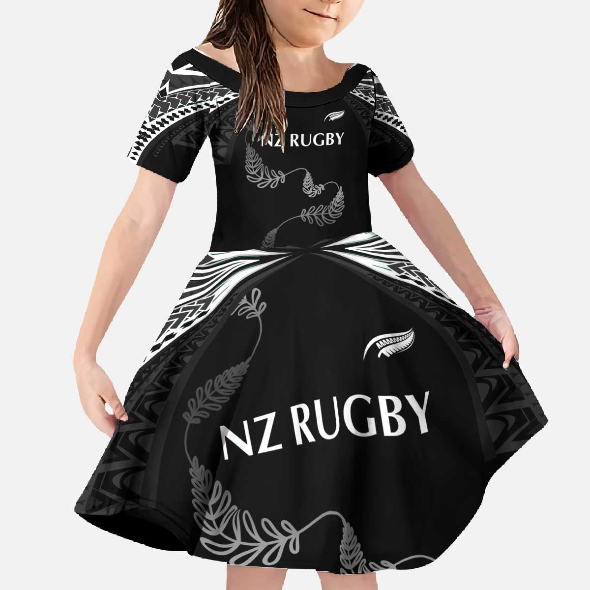 New Zealand Rugby Custom Family Matching Off The Shoulder Long Sleeve Dress and Hawaiian Shirt Aotearoa Armour Blacks Silver Ferns LT03 Daughter's Dress Black - Polynesian Pride
