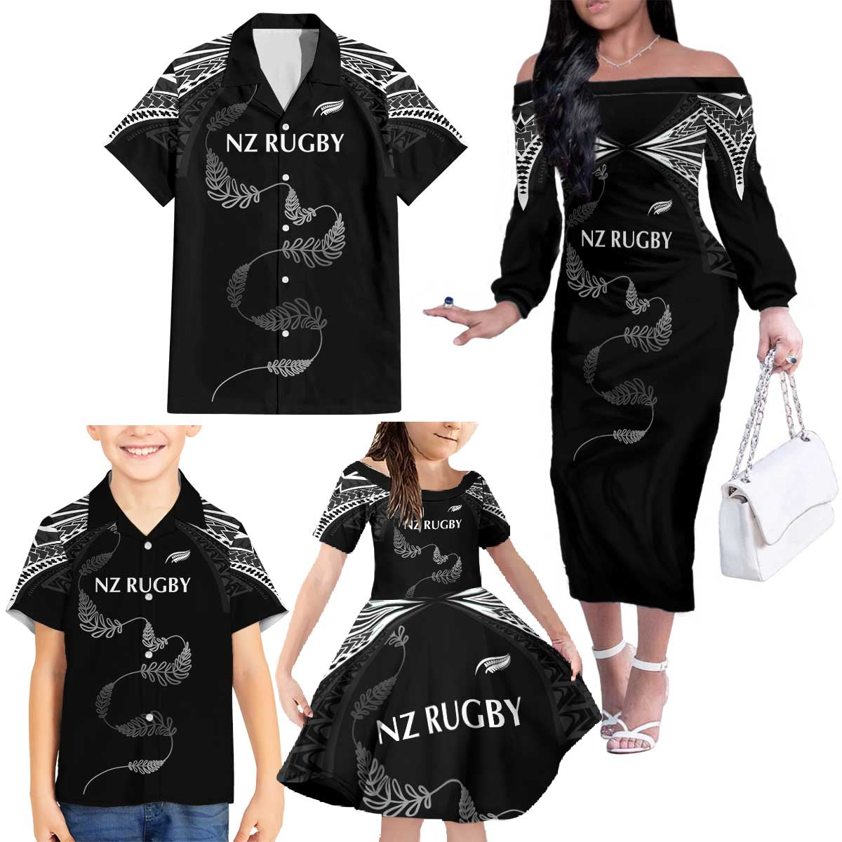 New Zealand Rugby Custom Family Matching Off The Shoulder Long Sleeve Dress and Hawaiian Shirt Aotearoa Armour Blacks Silver Ferns LT03 - Polynesian Pride
