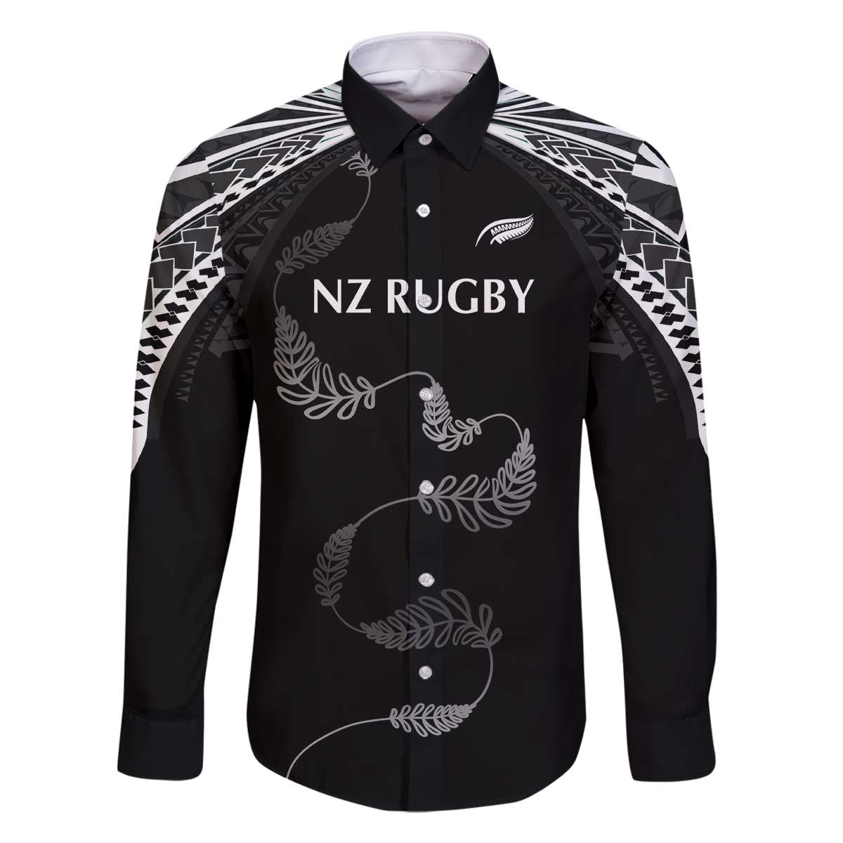 New Zealand Rugby Custom Family Matching Off The Shoulder Long Sleeve Dress and Hawaiian Shirt Aotearoa Armour Blacks Silver Ferns LT03 Dad's Shirt - Long Sleeve Black - Polynesian Pride