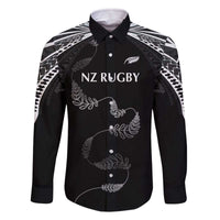 New Zealand Rugby Custom Family Matching Off The Shoulder Long Sleeve Dress and Hawaiian Shirt Aotearoa Armour Blacks Silver Ferns LT03 Dad's Shirt - Long Sleeve Black - Polynesian Pride