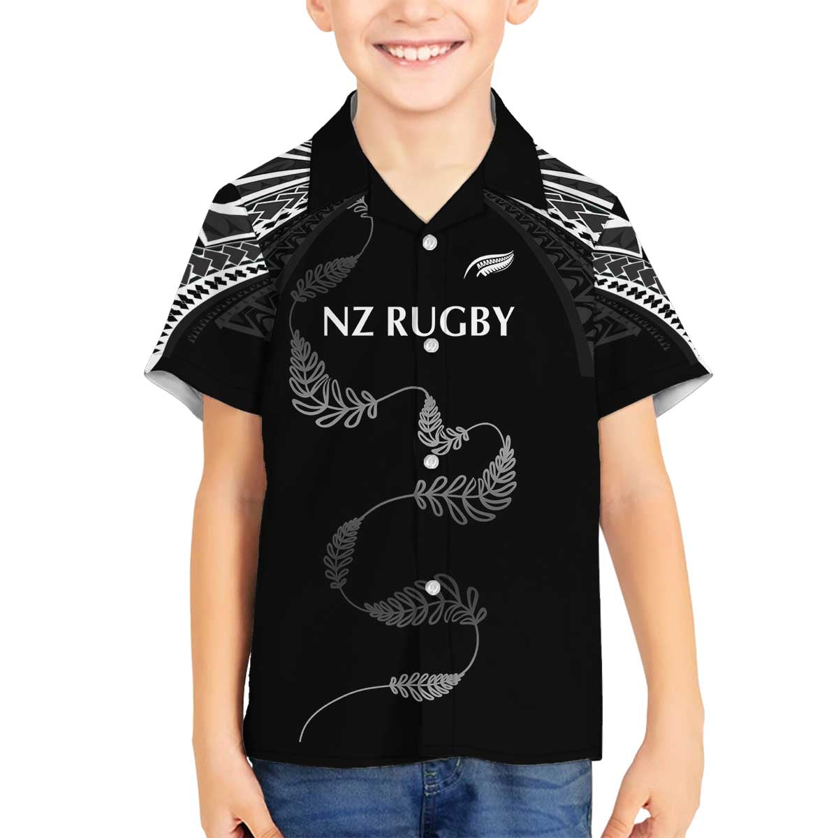 New Zealand Rugby Custom Family Matching Off The Shoulder Long Sleeve Dress and Hawaiian Shirt Aotearoa Armour Blacks Silver Ferns LT03 Son's Shirt Black - Polynesian Pride