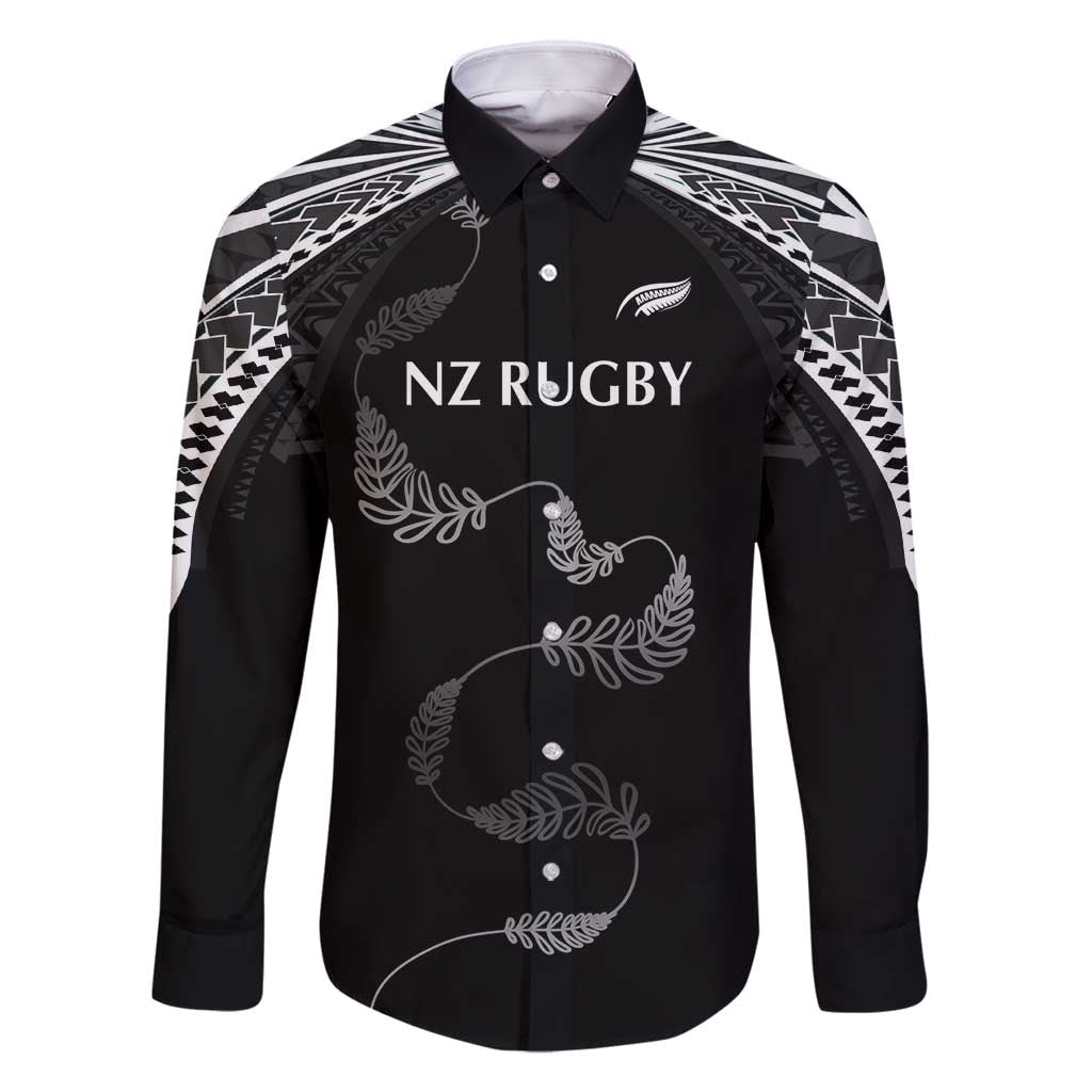 New Zealand Rugby Custom Family Matching Off Shoulder Maxi Dress and Hawaiian Shirt Aotearoa Armour Blacks Silver Ferns LT03 Dad's Shirt - Long Sleeve Black - Polynesian Pride