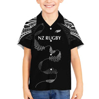 New Zealand Rugby Custom Family Matching Off Shoulder Maxi Dress and Hawaiian Shirt Aotearoa Armour Blacks Silver Ferns LT03 Son's Shirt Black - Polynesian Pride