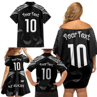New Zealand Rugby Custom Family Matching Off Shoulder Short Dress and Hawaiian Shirt Aotearoa Armour Blacks Silver Ferns LT03 - Polynesian Pride