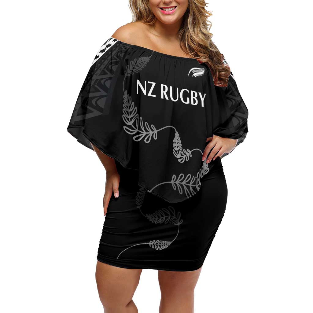New Zealand Rugby Custom Family Matching Off Shoulder Short Dress and Hawaiian Shirt Aotearoa Armour Blacks Silver Ferns LT03 Mom's Dress Black - Polynesian Pride