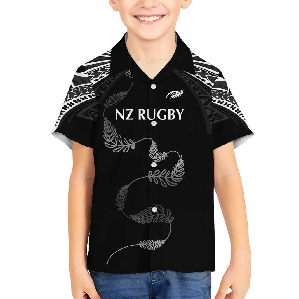 New Zealand Rugby Custom Family Matching Off Shoulder Short Dress and Hawaiian Shirt Aotearoa Armour Blacks Silver Ferns LT03 Son's Shirt Black - Polynesian Pride