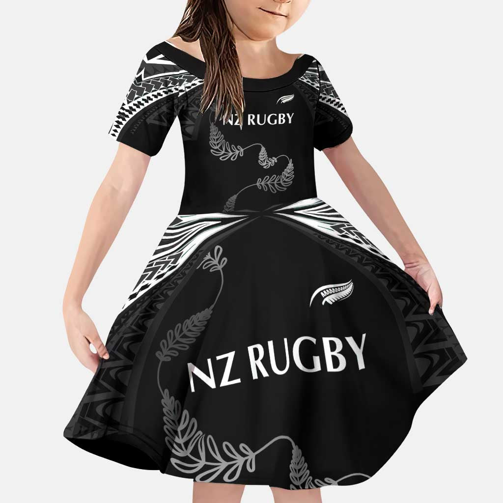 New Zealand Rugby Custom Family Matching Puletasi and Hawaiian Shirt Aotearoa Armour Blacks Silver Ferns LT03 Daughter's Dress Black - Polynesian Pride