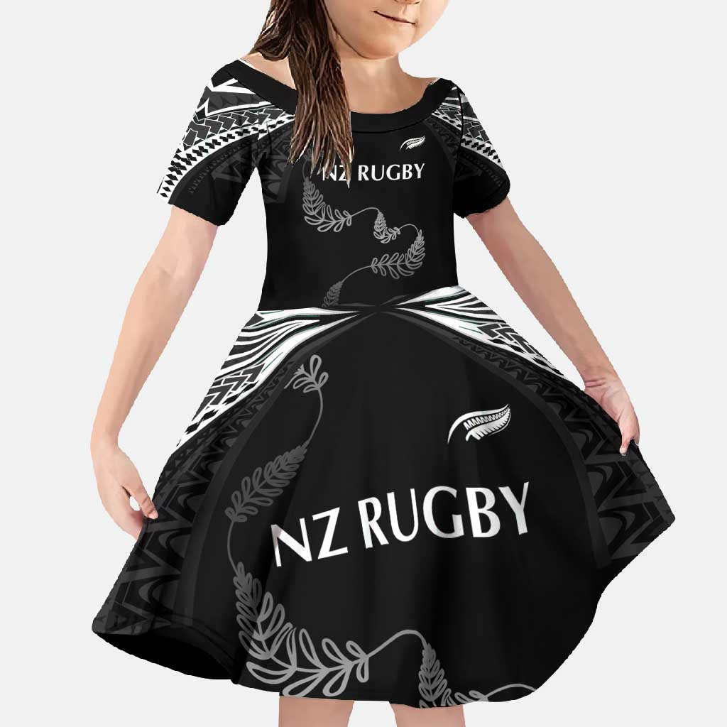New Zealand Rugby Custom Family Matching Short Sleeve Bodycon Dress and Hawaiian Shirt Aotearoa Armour Blacks Silver Ferns LT03 Daughter's Dress Black - Polynesian Pride