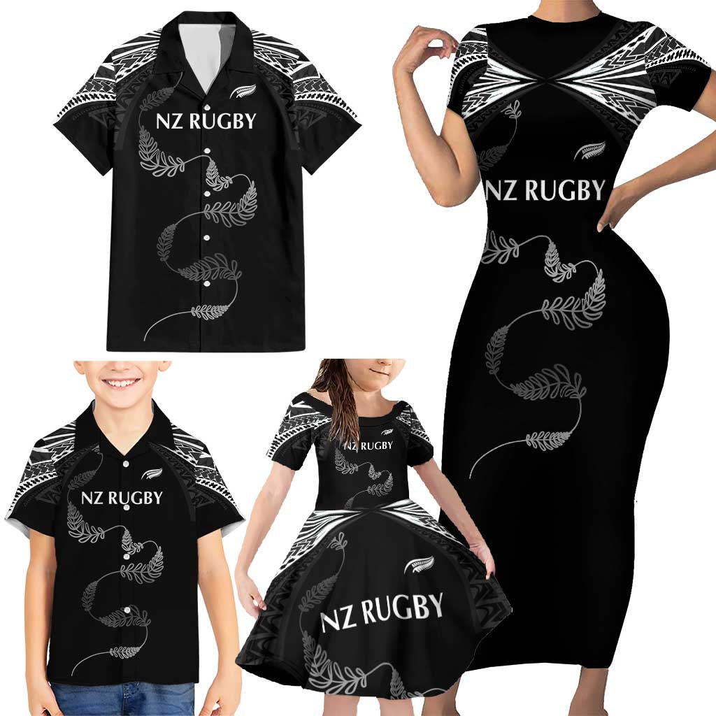 New Zealand Rugby Custom Family Matching Short Sleeve Bodycon Dress and Hawaiian Shirt Aotearoa Armour Blacks Silver Ferns LT03 - Polynesian Pride