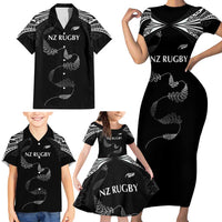 New Zealand Rugby Custom Family Matching Short Sleeve Bodycon Dress and Hawaiian Shirt Aotearoa Armour Blacks Silver Ferns LT03 - Polynesian Pride